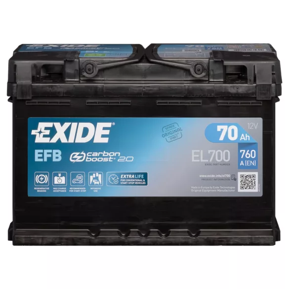Exide Start-Stop EFB 12V 70Ah 760A jobb+ Autó Akkumulátor (EL700)